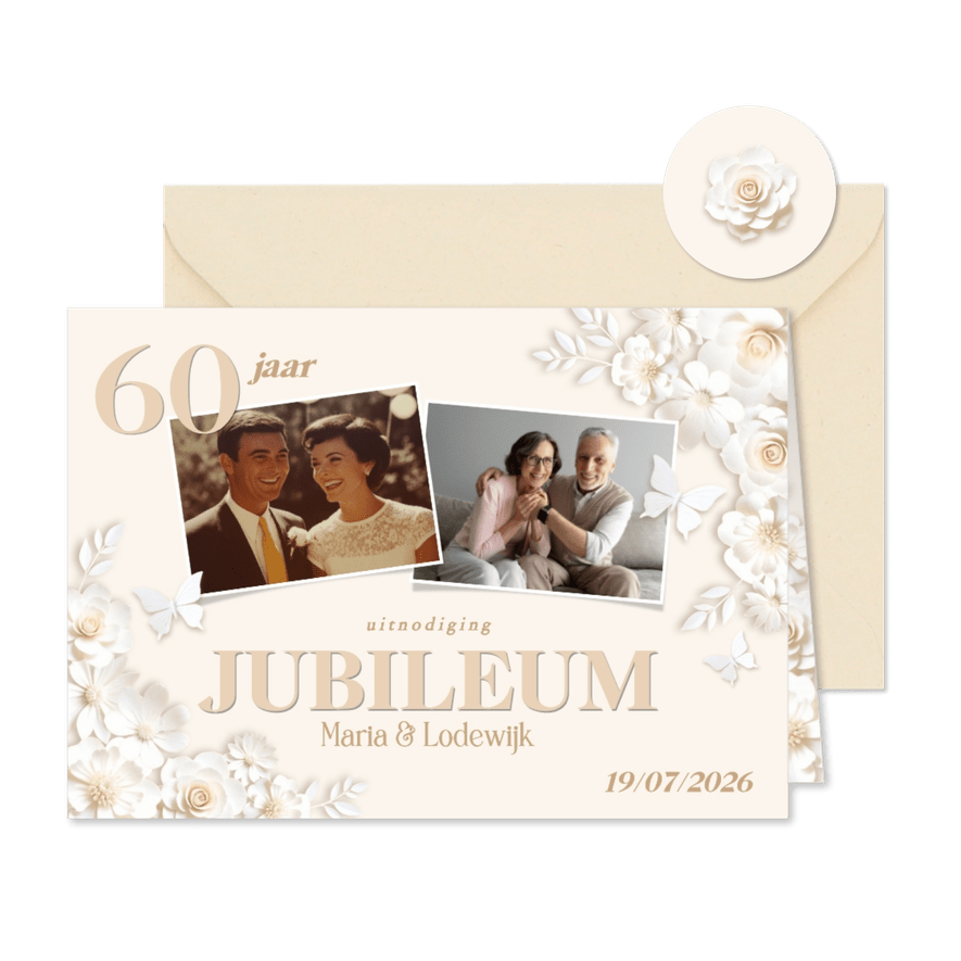 Klassieke fotokaart huwelijksjubileum met witte bloemen - Kaartimpressie
