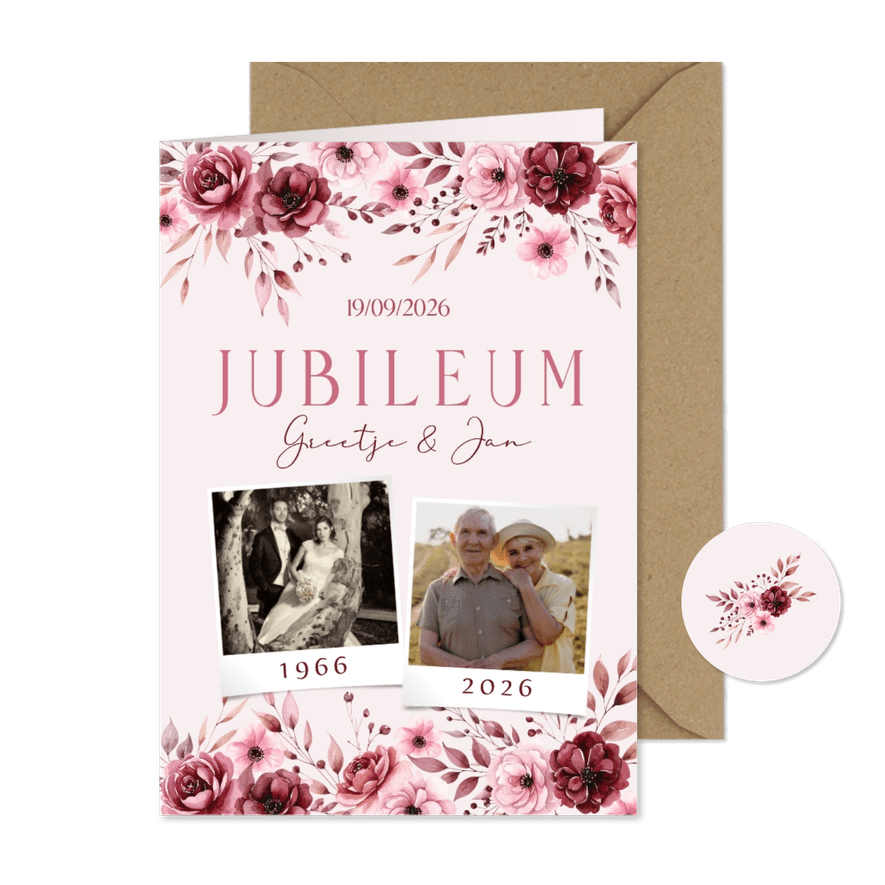 Klassieke jubileum kaarten roze met aquarel rozen - Kaartimpressie