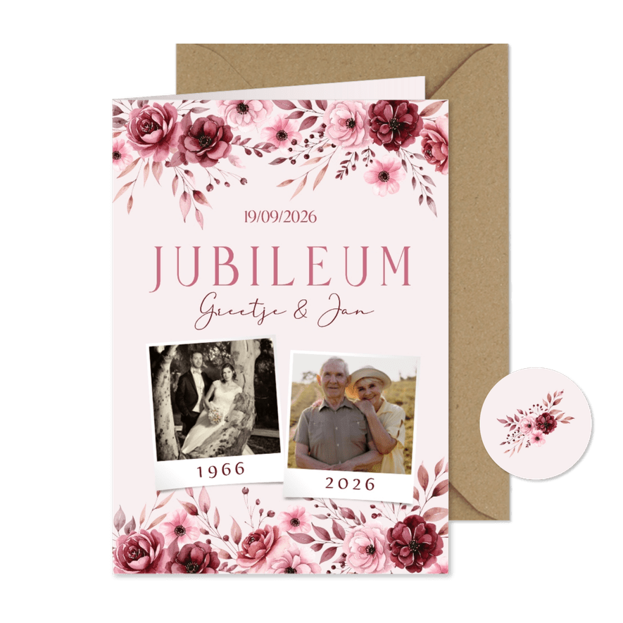 Klassieke jubileum kaarten roze met aquarel rozen - Kaartimpressie