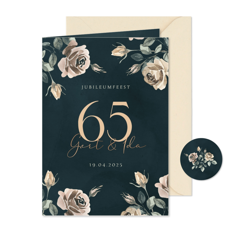 Klassieke jubileum uitnodiging 65 jaar getrouwd met bloemen - Kaartimpressie