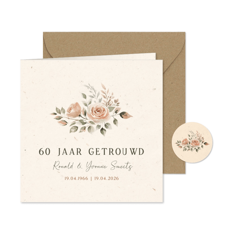 Klassieke jubileum uitnodiging met bloemen 60 jaar getrouwd - Kaartimpressie