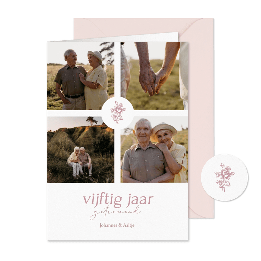 Klassieke jubileum uitnodiging met vintage roosje en foto's - Kaartimpressie