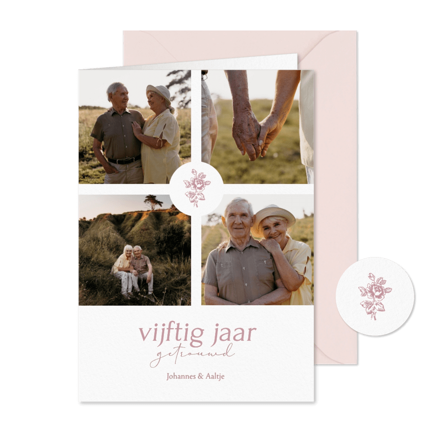 Klassieke jubileum uitnodiging met vintage roosje en foto's - Kaartimpressie