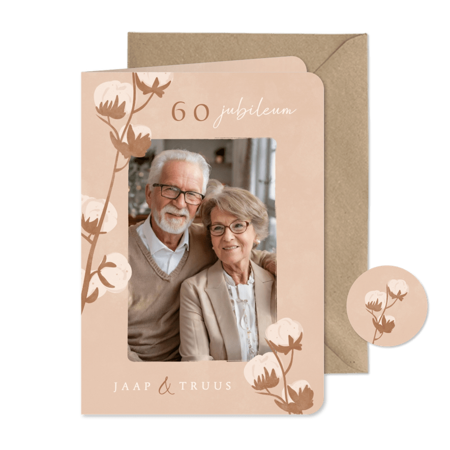 Klassieke jubileumkaart beige met droogbloemen grote foto - Kaartimpressie