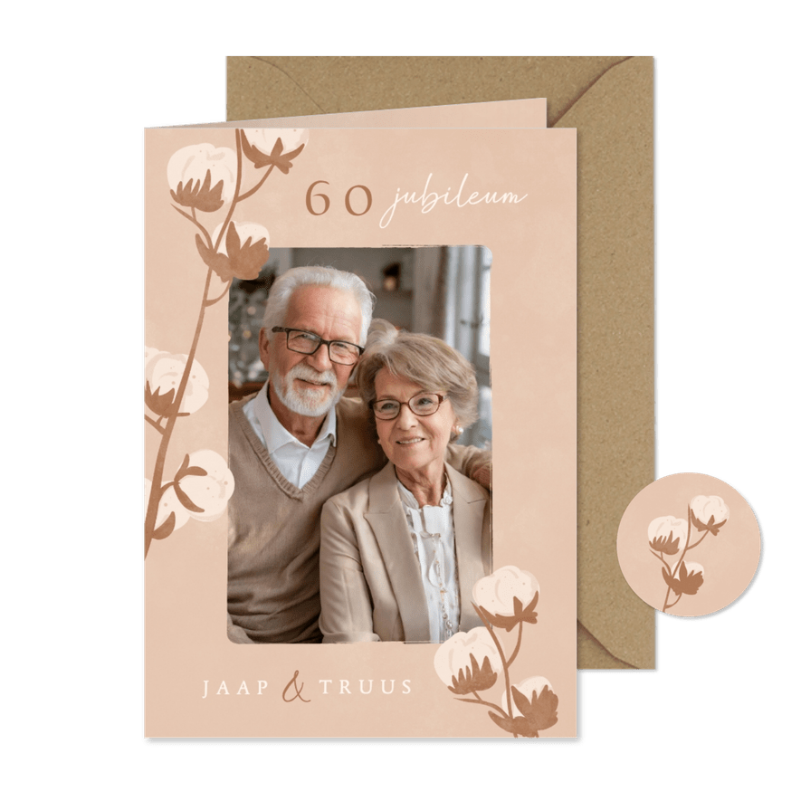 Klassieke jubileumkaart beige met droogbloemen grote foto - Kaartimpressie