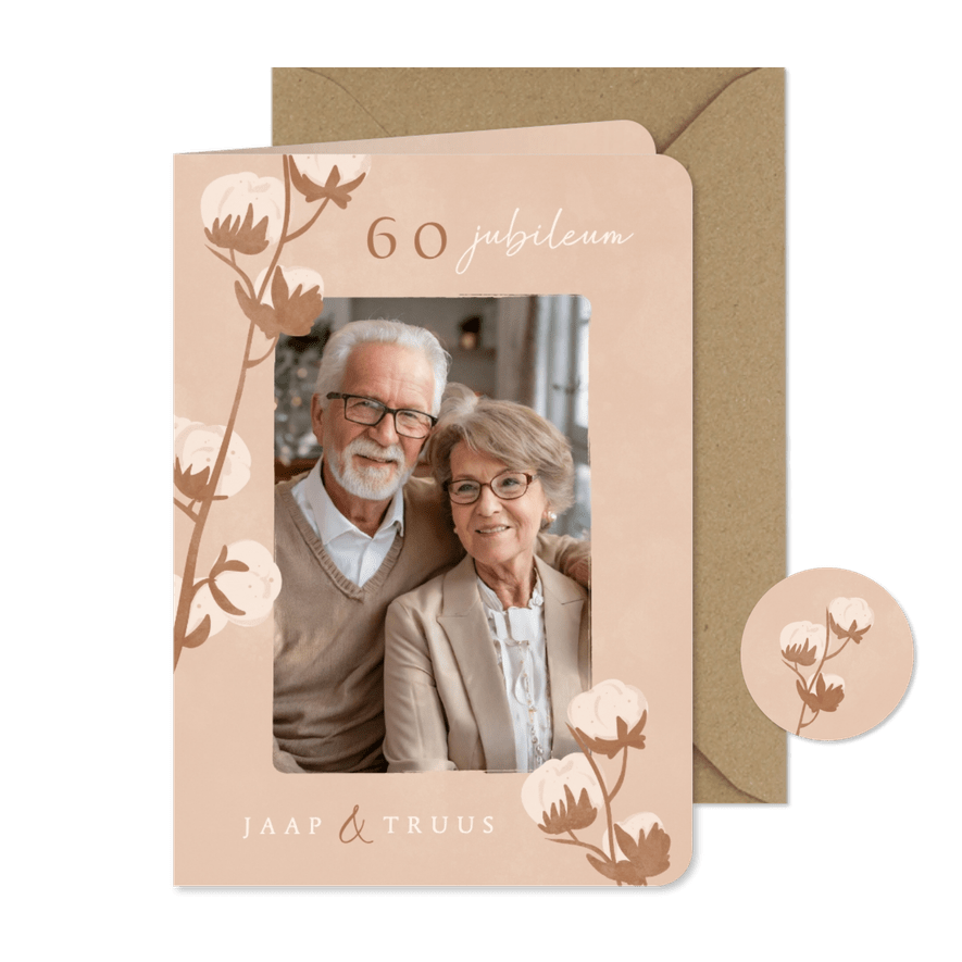 Klassieke jubileumkaart beige met droogbloemen grote foto - Kaartimpressie