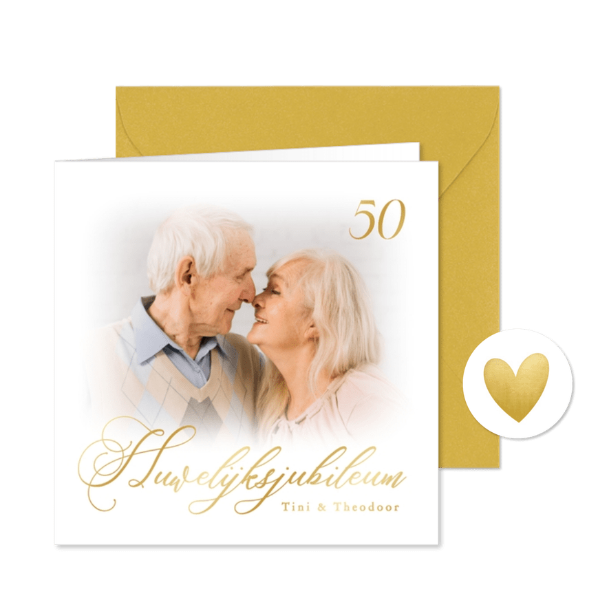 Klassieke jubileumkaart gouden typografie en foto - Kaartimpressie