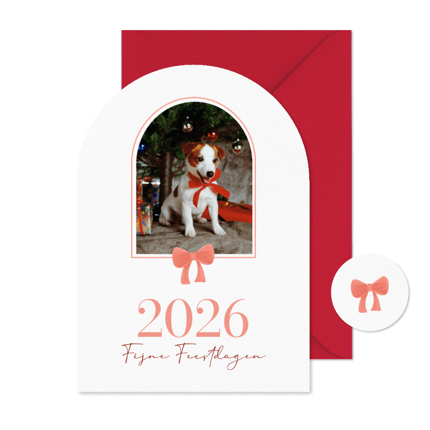 Klassieke kerstkaart boogvorm met foto en rode strik - Kaartimpressie