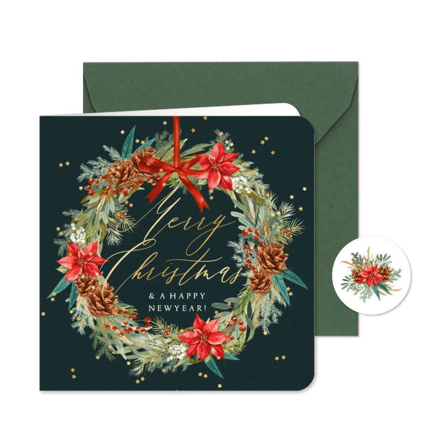 Klassieke kerstkaart botanische kerstkrans goud sterren - Kaartimpressie