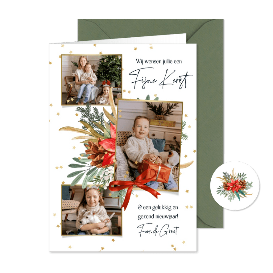 Klassieke kerstkaart fotocollage botanisch sterren goud - Kaartimpressie