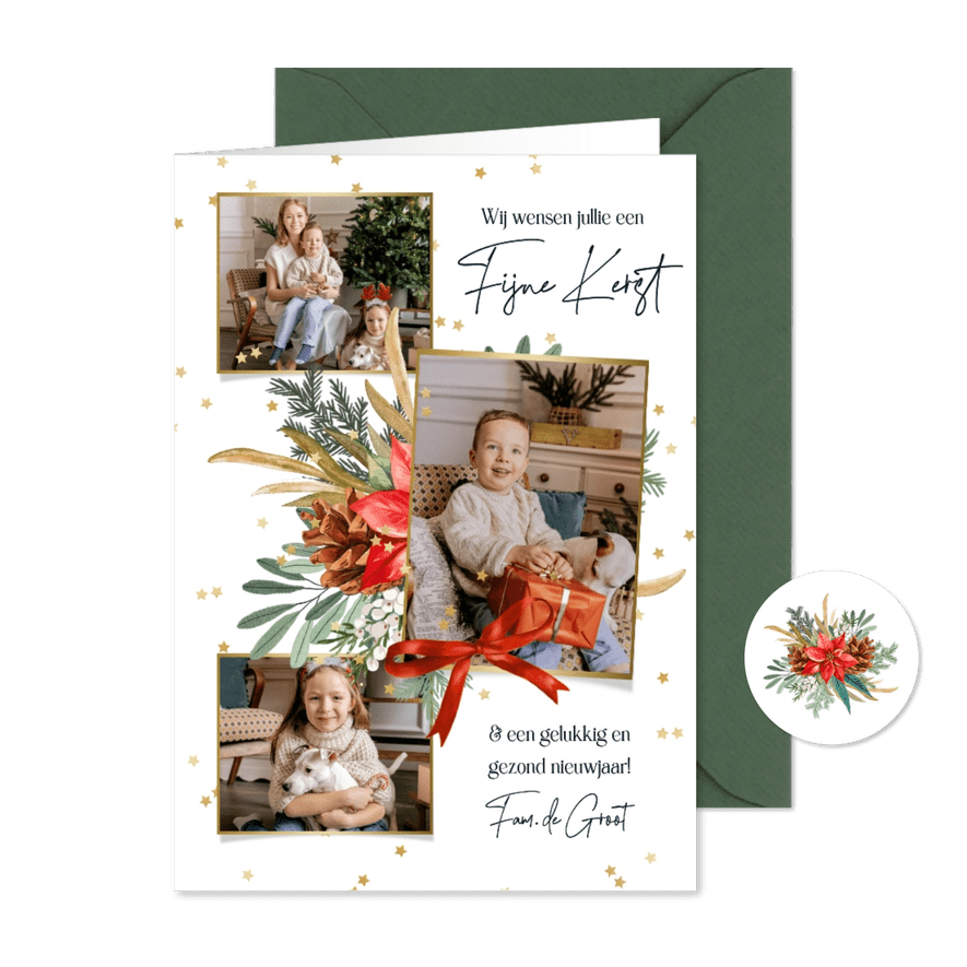 Klassieke kerstkaart fotocollage botanisch sterren goud - Kaartimpressie
