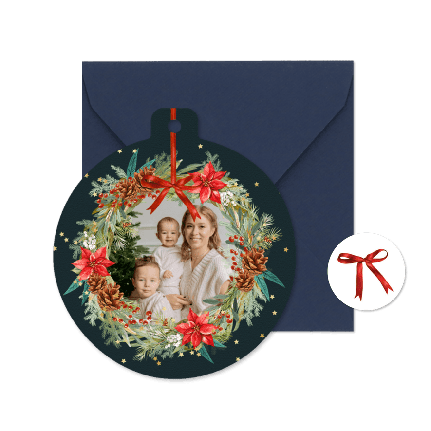 Klassieke kerstkaart kerstkrans foto sterren goudlook - Kaartimpressie