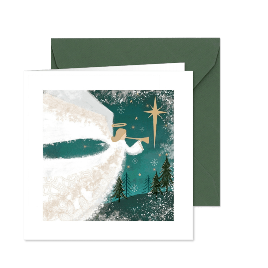 Klassieke kerstkaart met Engel spelend op bazuin - Kaartimpressie