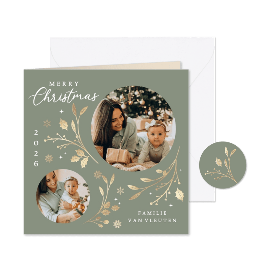 Klassieke kerstkaart met foto botanisch  - Kaartimpressie