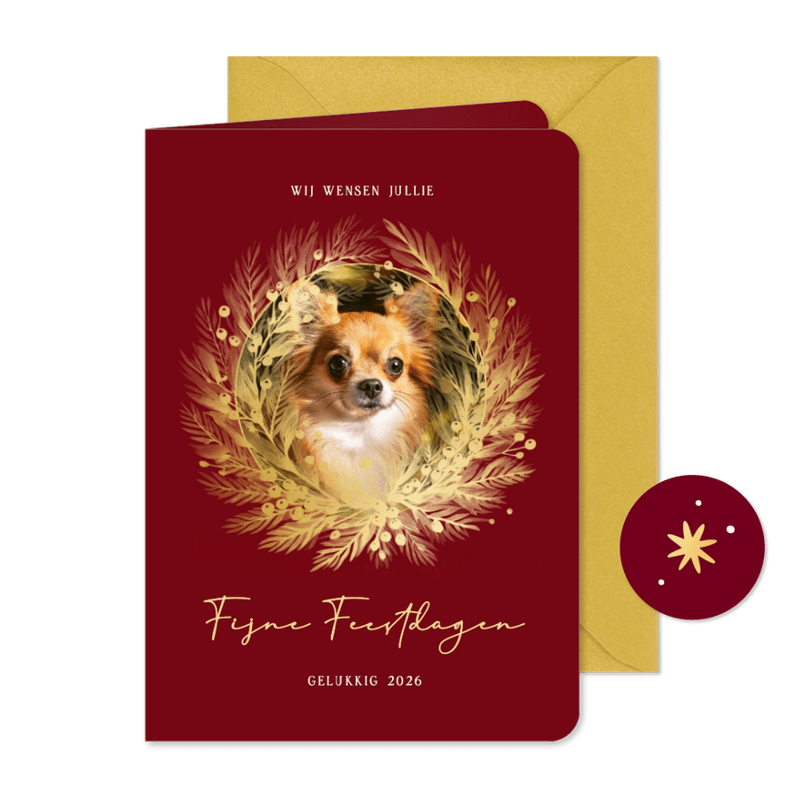 Klassieke kerstkaart met foto en gouden krans - Kaartimpressie