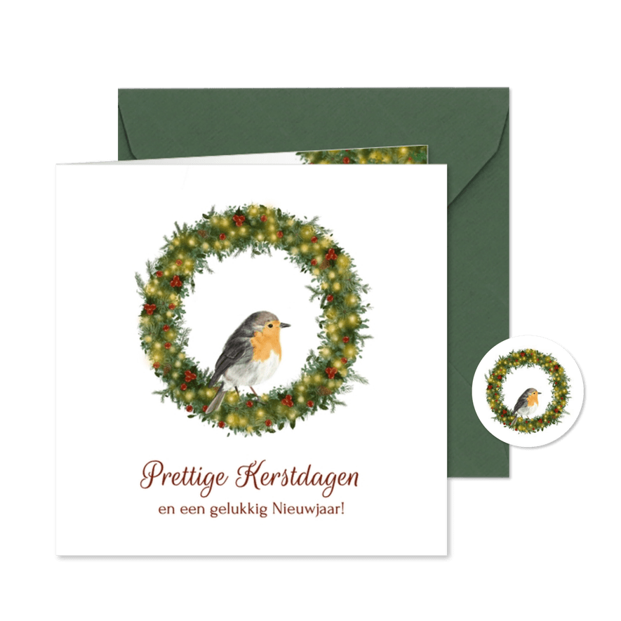 Klassieke kerstkaart met roodborstje in kerstkrans - Kaartimpressie
