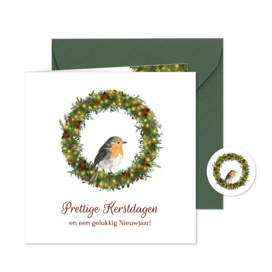 Klassieke kerstkaart met roodborstje in kerstkrans - Kaartimpressie