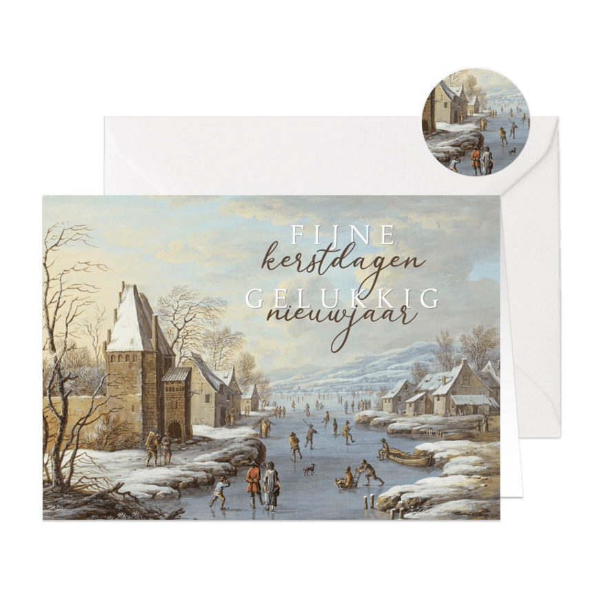 Klassieke kerstkaart schilderij wintergezicht met ijsvermaak - Kaartimpressie