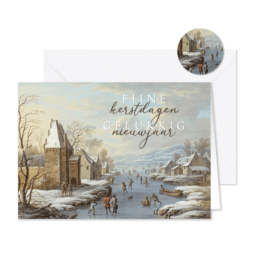 Klassieke kerstkaart schilderij wintergezicht met ijsvermaak - Kaartimpressie