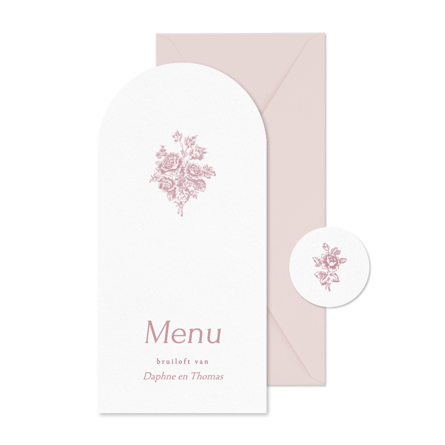Klassieke menukaart boog vorm met klassiek boeket - Kaartimpressie
