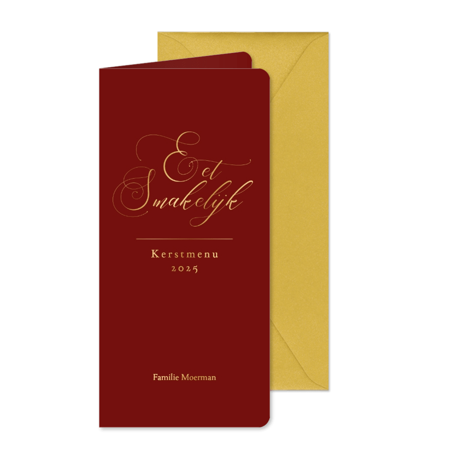 Klassieke menukaart kerst rood met goudfolie - Kaartimpressie