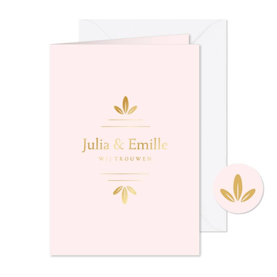 Klassieke minimalistische trouwkaart met gouden ornament  - Kaartimpressie
