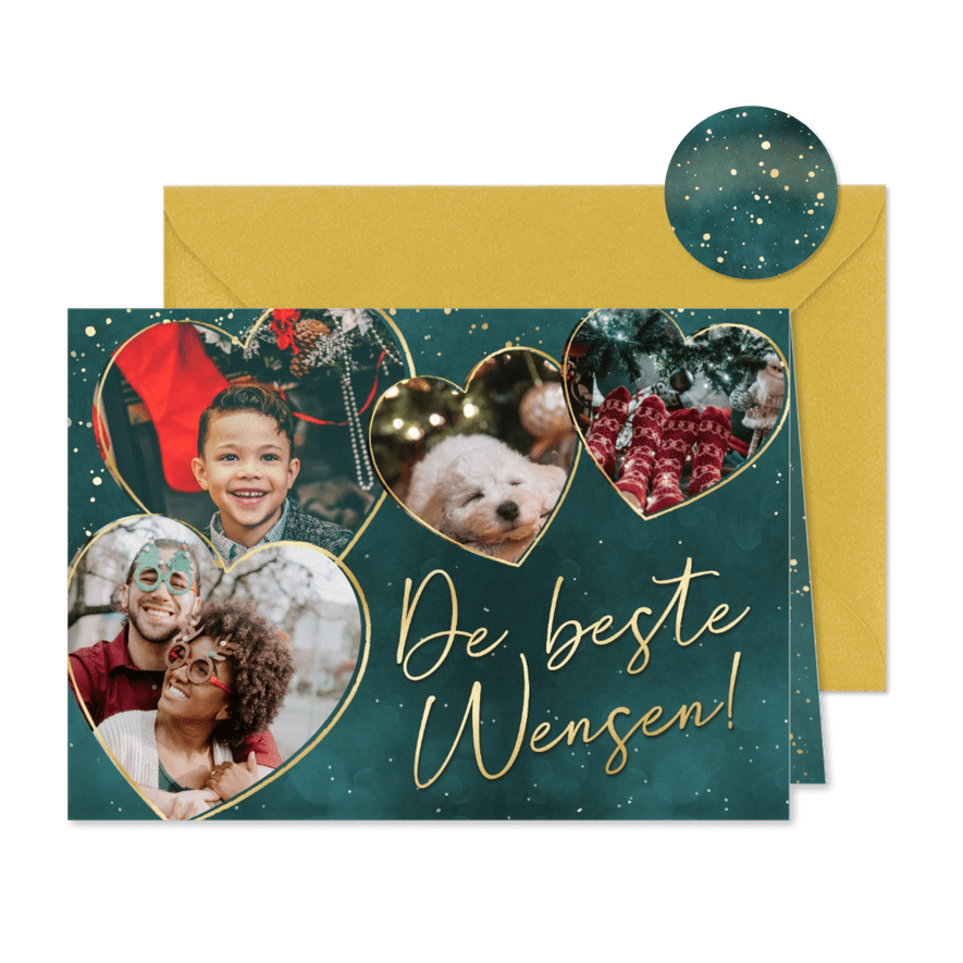 Klassieke nieuwjaarskaart met 4 eigen foto's in hartjes - Kaartimpressie