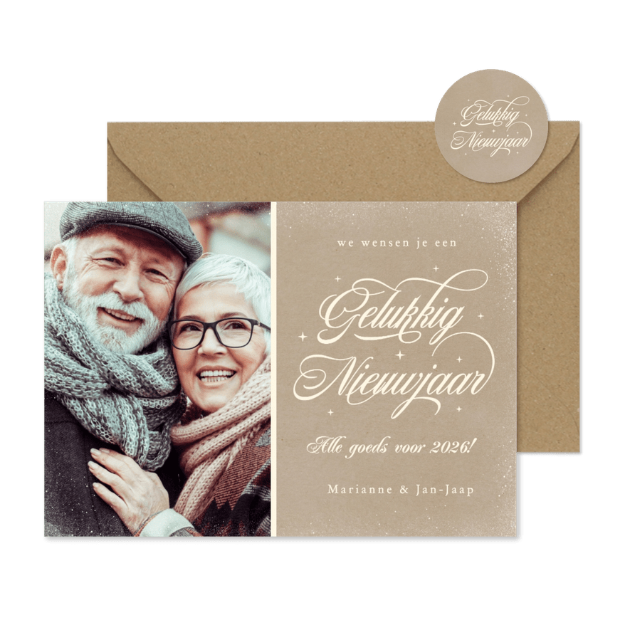 Klassieke nieuwjaarskaart sierlijke tekst met eigen foto - Kaartimpressie