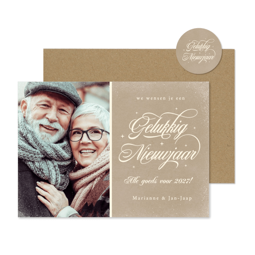Klassieke nieuwjaarskaart sierlijke tekst met eigen foto - Kaartimpressie