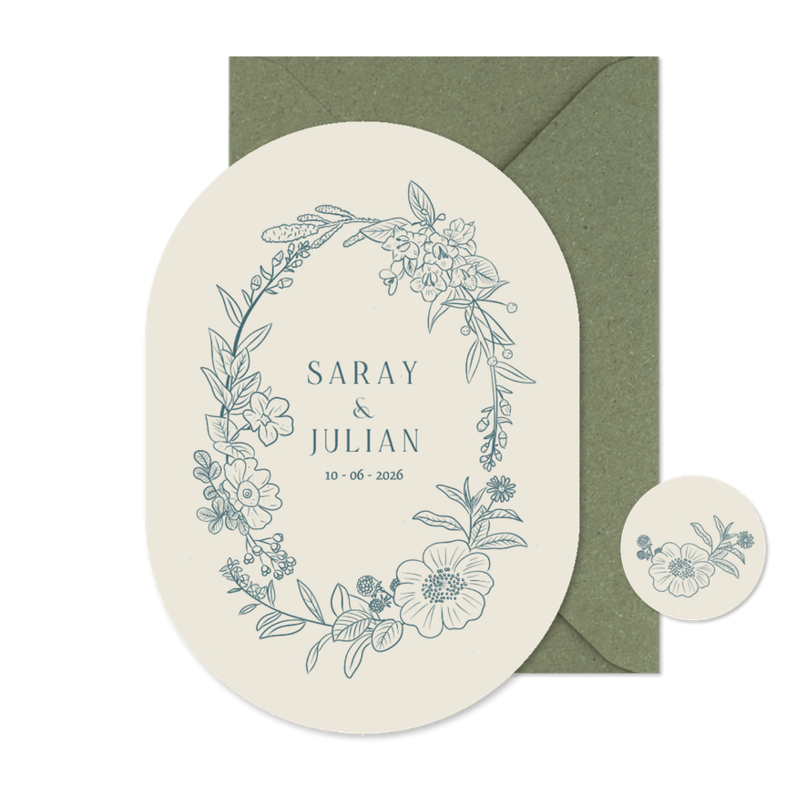 Klassieke ovale trouwkaart met bloemenkrans - Kaartimpressie