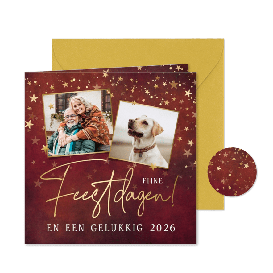 Klassieke rode kerstkaart met 2 eigen foto's en sterren - Kaartimpressie