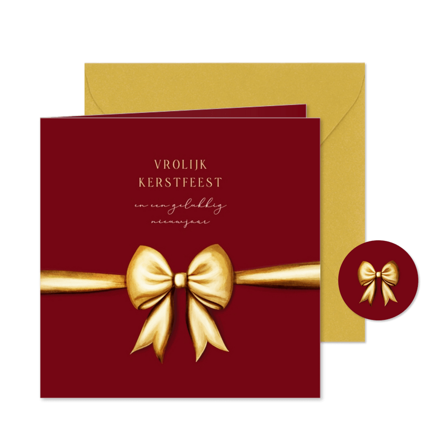 Klassieke rode kerstkaart met gouden strik - Kaartimpressie