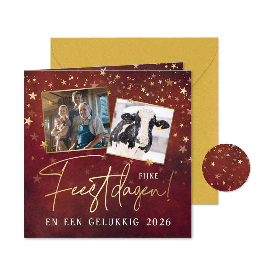 Klassieke rode zakelijke kerstkaart met sterren en foto's - Kaartimpressie