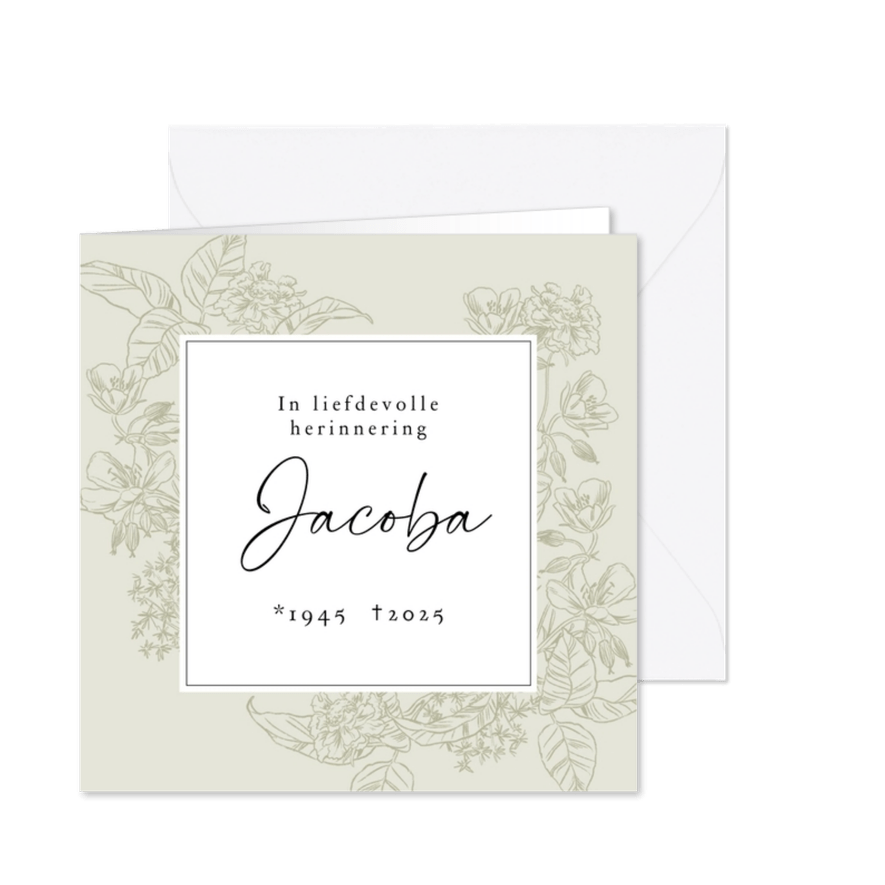 Klassieke rouwkaart bloemen & bladeren in lijnillustratie  - Kaartimpressie