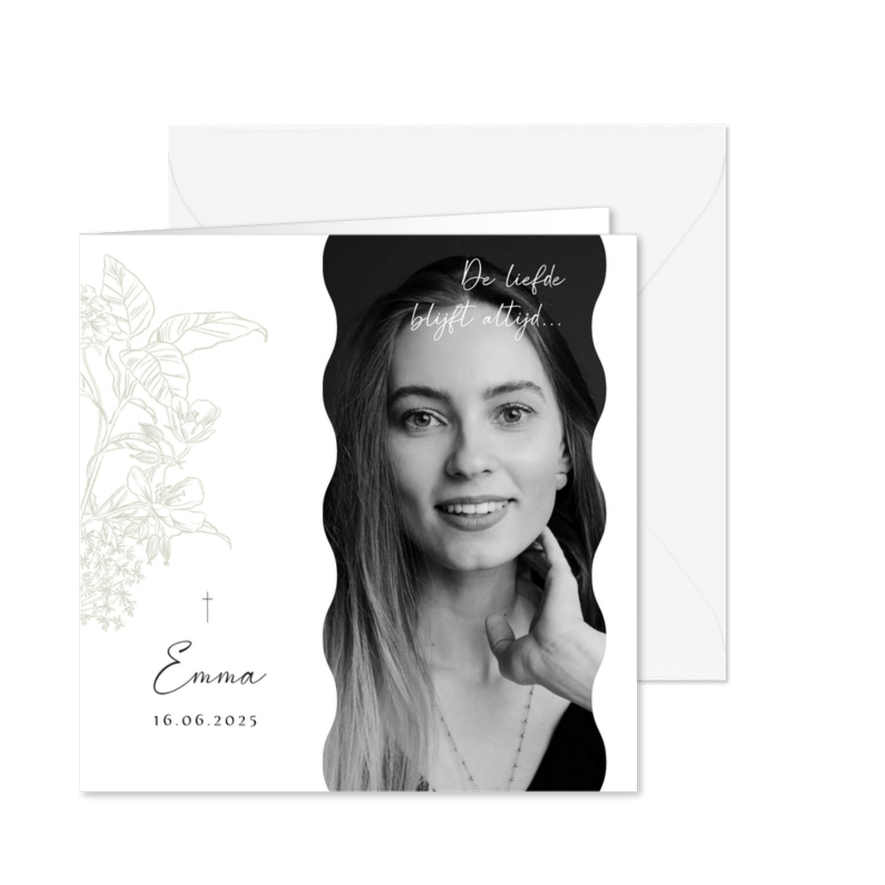 Klassieke rouwkaart lijnillustratie bloemen foto - Kaartimpressie