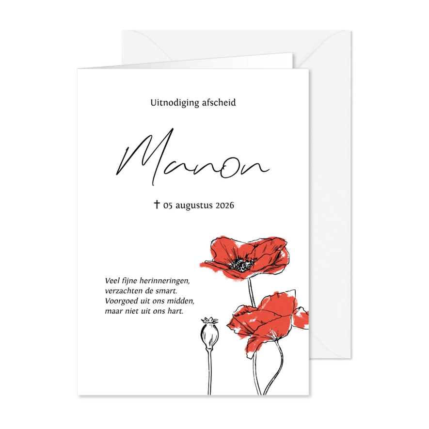 Klassieke rouwkaart lijnillustratie klaprozen - Kaartimpressie