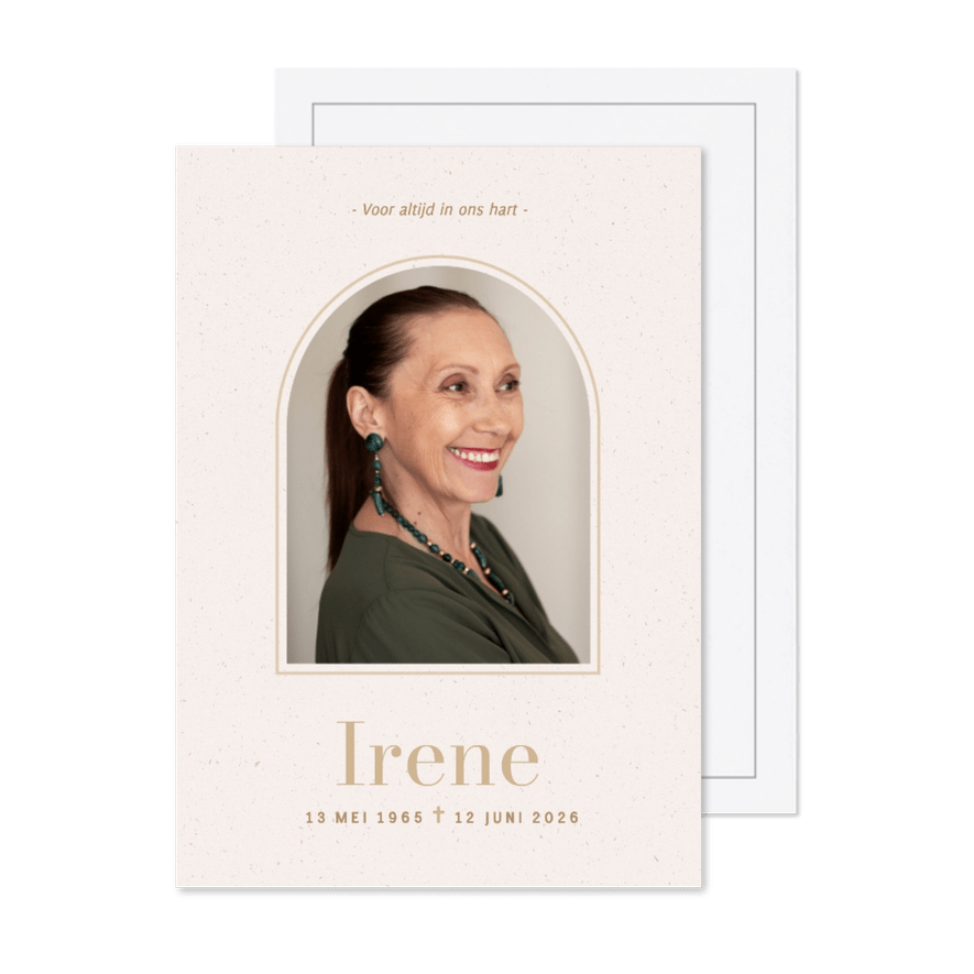Klassieke rouwkaart met foto in boog beige - Kaartimpressie