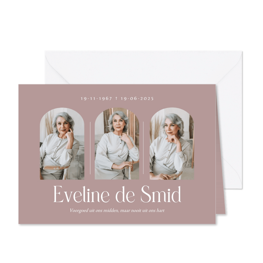 Klassieke rouwkaart met fotos en grote naam - Kaartimpressie