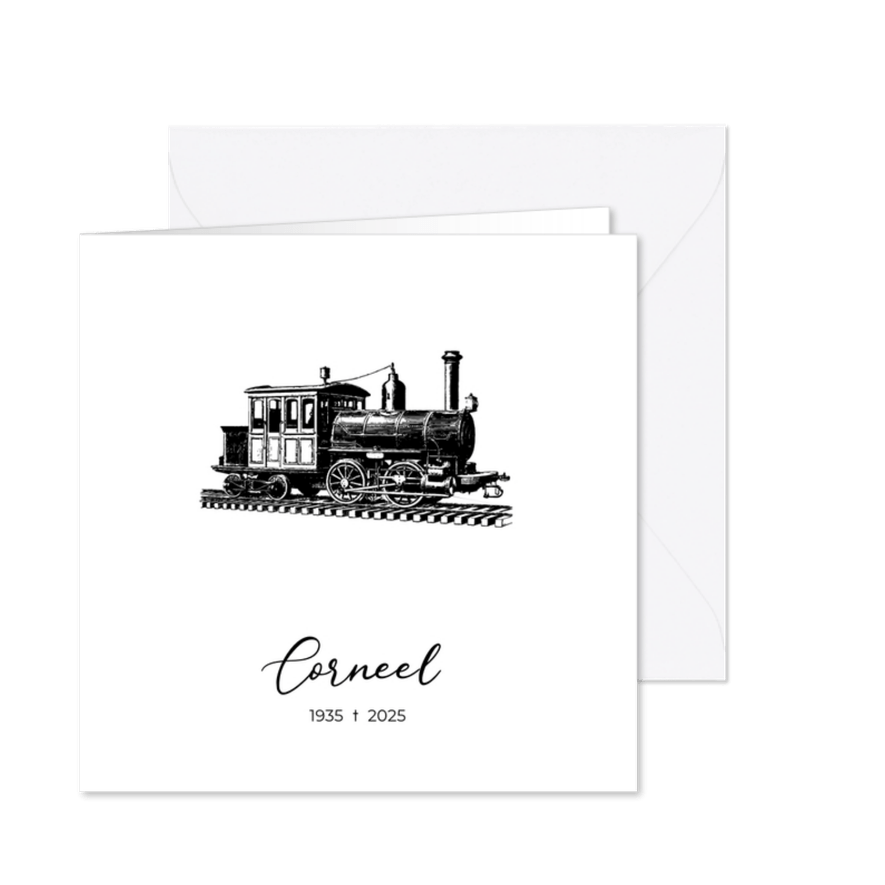 Klassieke rouwkaart met illustratie van een locomotief - Kaartimpressie