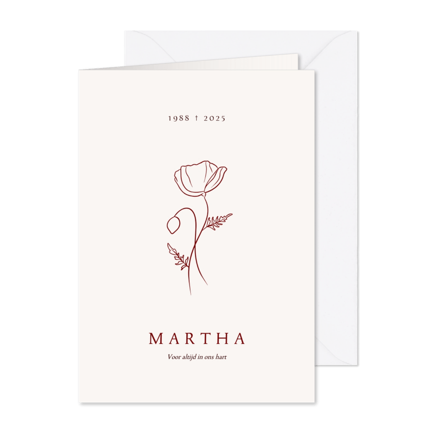 Klassieke rouwkaart met rode lijntekening van een klaproos - Kaartimpressie