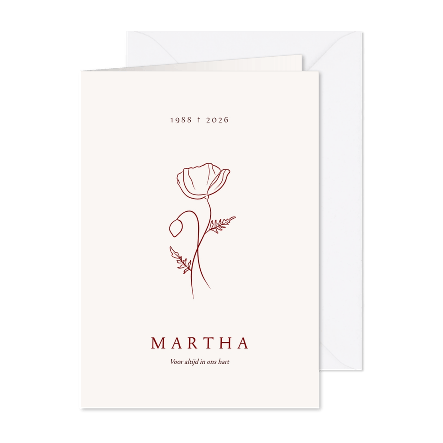 Klassieke rouwkaart met rode lijntekening van een klaproos - Kaartimpressie