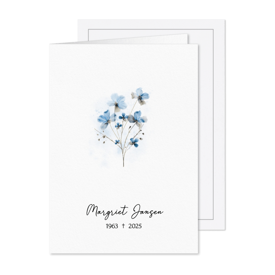 Klassieke subtiele rouwkaart met blauwe bloem - Kaartimpressie