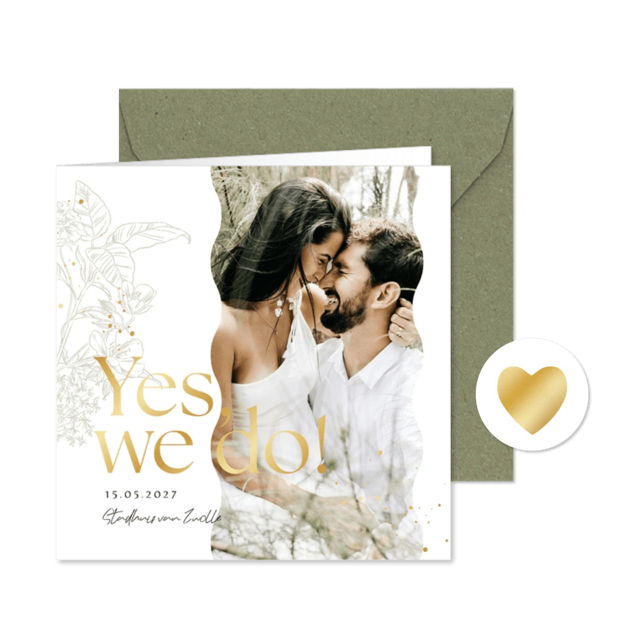 Klassieke trouwkaart lijnillustratie botanisch foto goud - Kaartimpressie