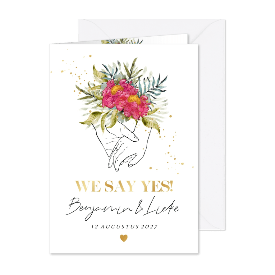Klassieke trouwkaart lijnillustratie handen botanisch goud - Kaartimpressie