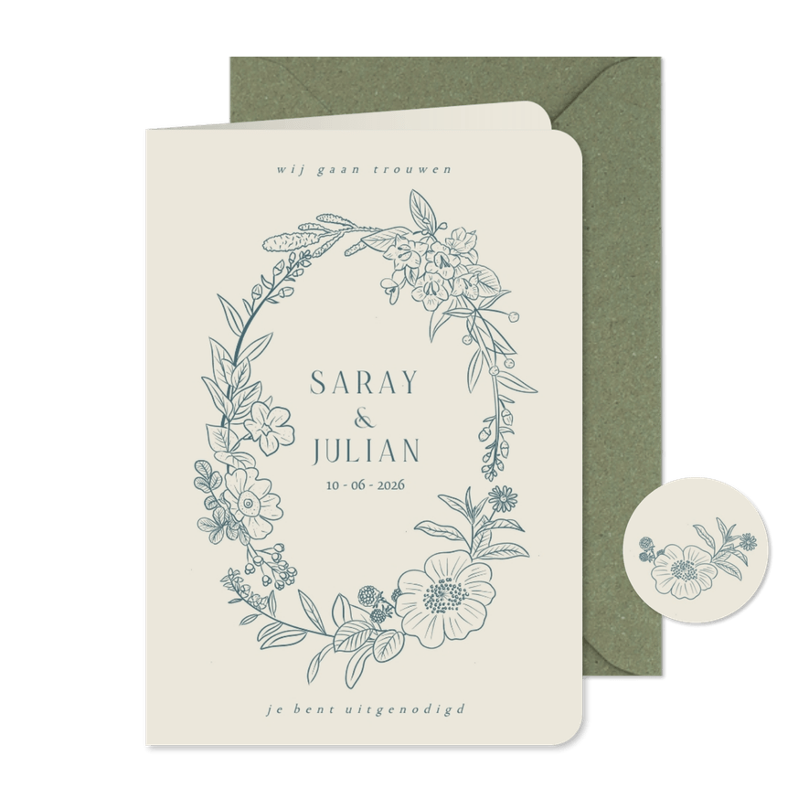 Klassieke trouwkaart met geïllustreerde bloemenkrans - Kaartimpressie