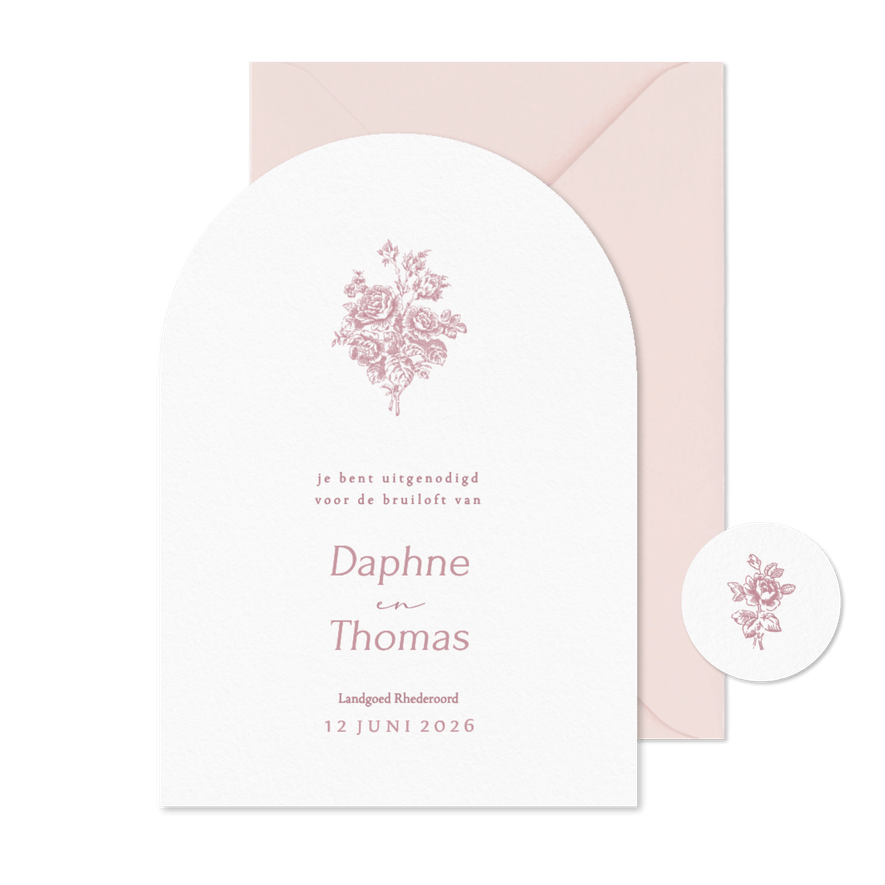 Klassieke trouwkaart met vintage roze boeket in boogvorm - Kaartimpressie