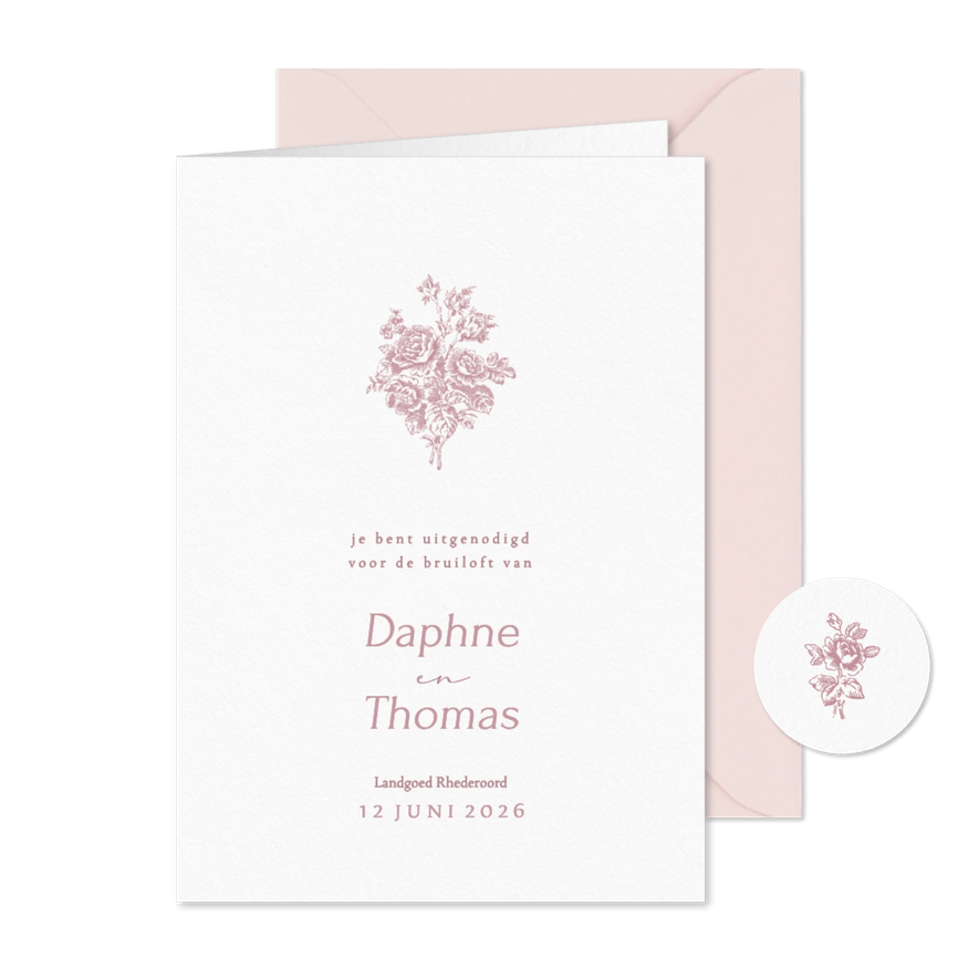 Klassieke trouwkaart met vintage roze boeket met rozen - Kaartimpressie