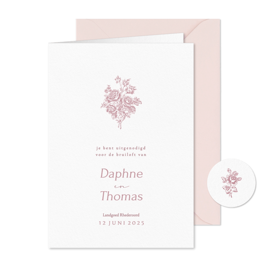 Klassieke trouwkaart met vintage roze boeket met rozen - Kaartimpressie