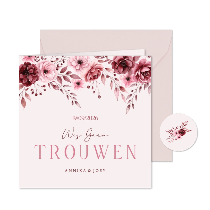 Klassieke trouwkaart uitnodiging in roze met aquarel rozen - Kaartimpressie