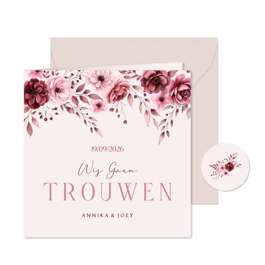Klassieke trouwkaart uitnodiging in roze met aquarel rozen - Kaartimpressie
